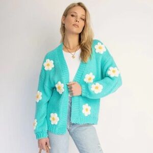 Baevely Daisy Cardigan Open Front Bubble Sleeve Floral Sweater Aqua Blue Small